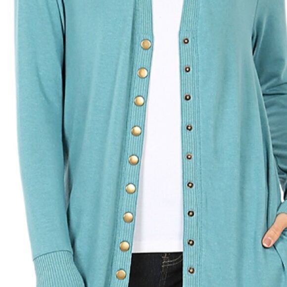 NWT THIGH-LENGTH SNAP BUTTON CARDIGAN W/ RIBBED Dusty teal - Picture 2 of 3